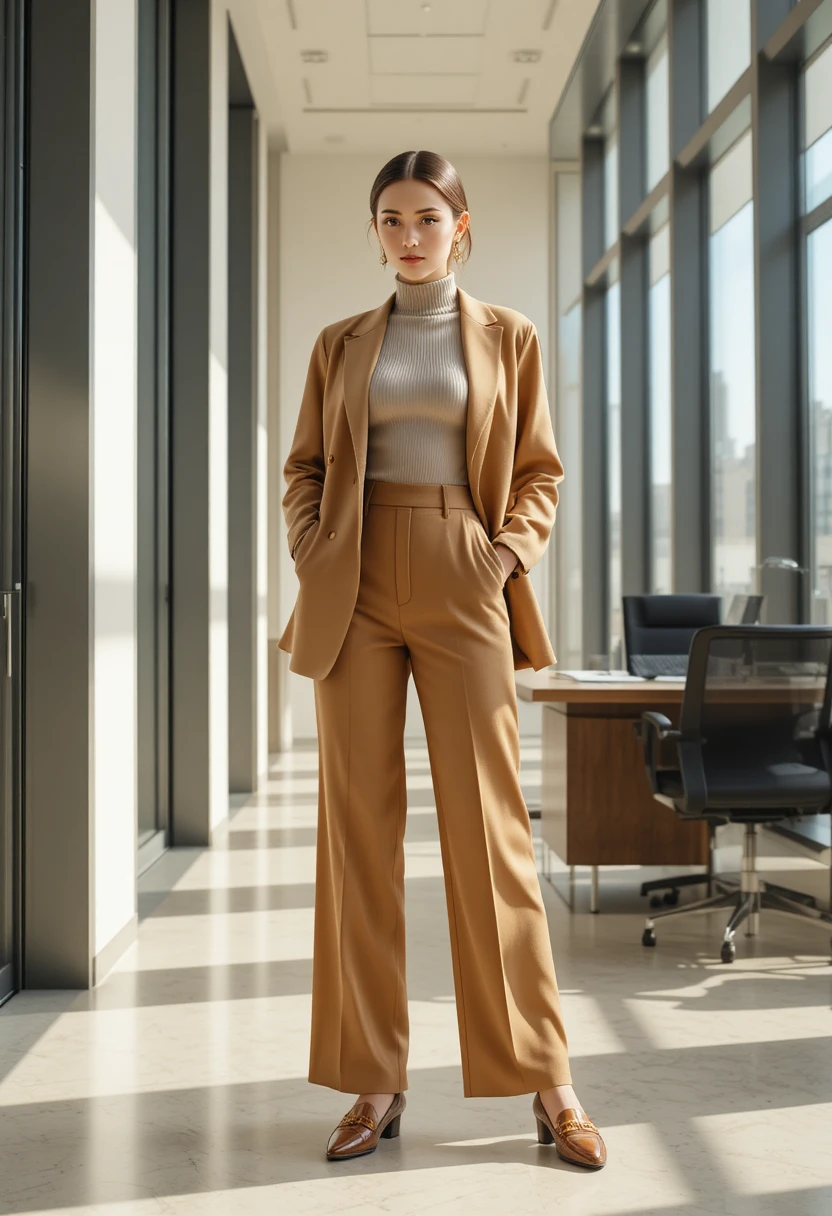 Woman wearing a modern tailored work outfit in 2026, showcasing a wearable and stylish office fashion look