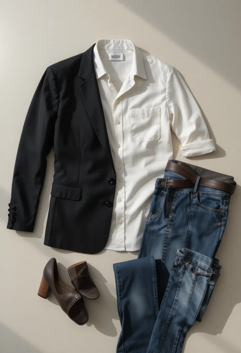 Essential wardrobe basics for women including a black blazer, neutral wool coat, denim jeans, and classic staples for every season.