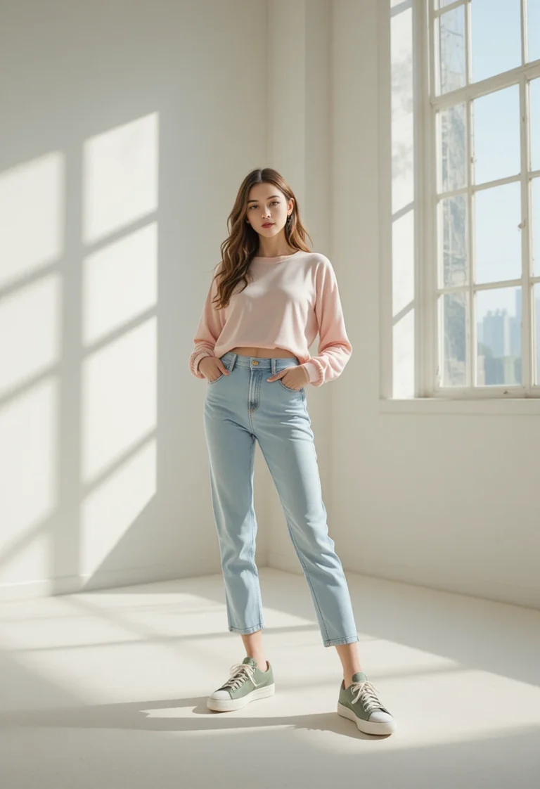 "Stylish woman wearing a chic sneaker outfit idea from a body-type style guide for women, featuring white sneakers, jeans, and a blazer for a modern casual look."