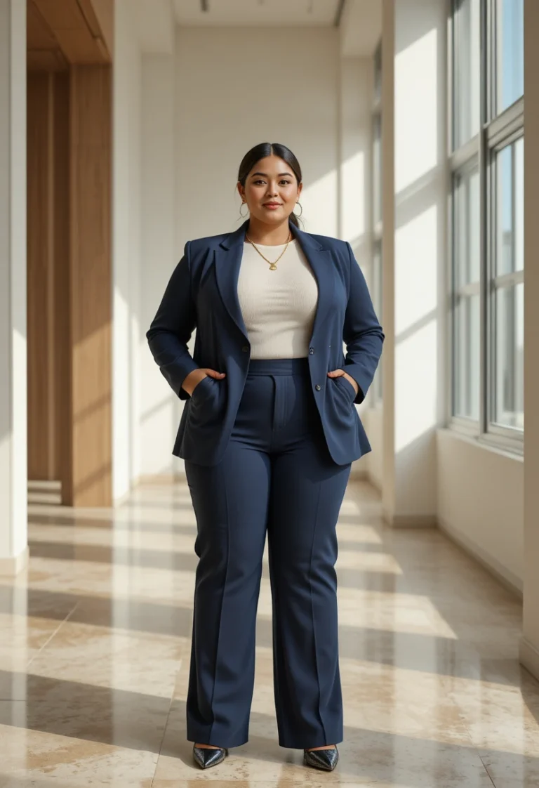 "Confident plus-size woman in a tailored navy work outfit, representing stylish and professional plus size work outfit ideas."
