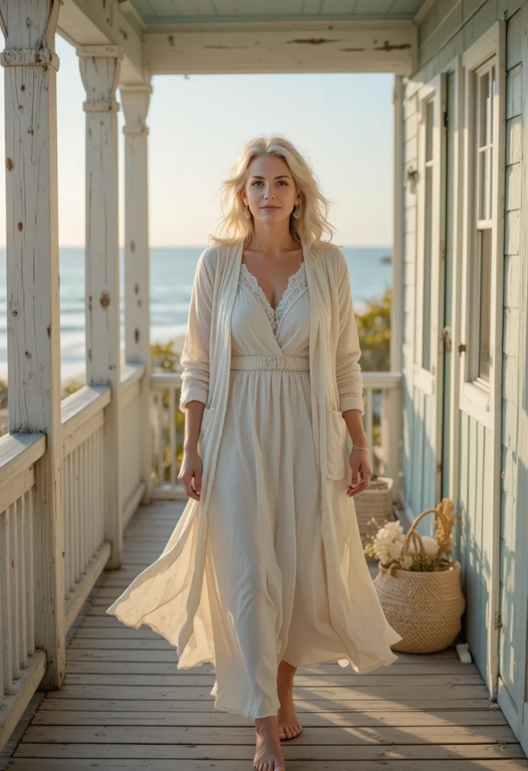 Coastal Grandmother style outfit featuring a woman in a flowing linen dress and cardigan on a breezy beach porch, embodying effortless coastal elegance