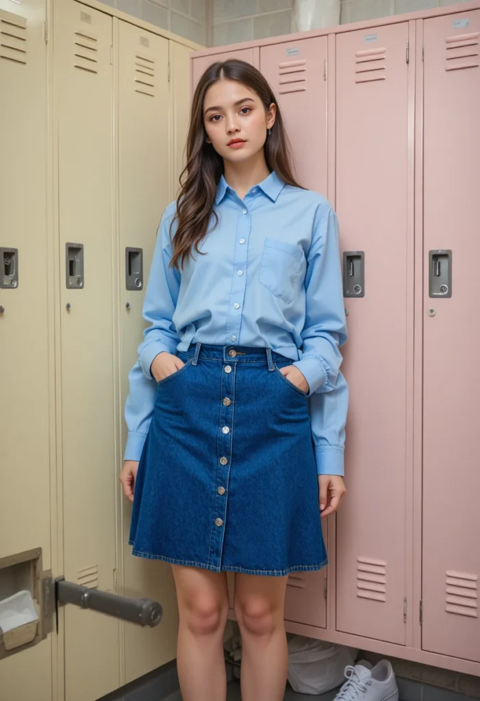 Button-Down Shirt + Denim Skirt + White Sneakers