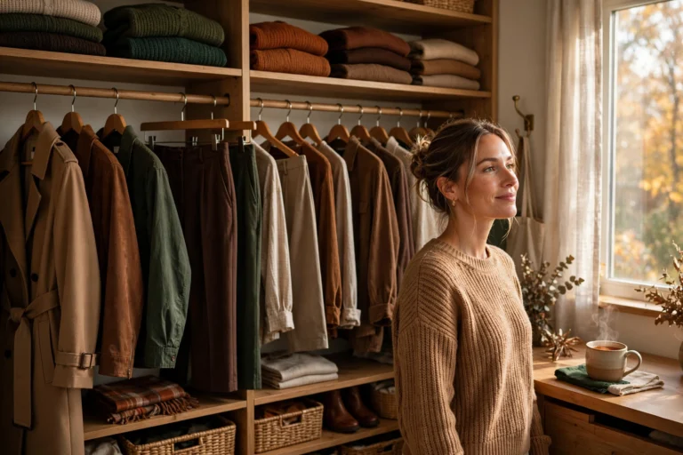 "16+ fall capsule wardrobe ideas for women featuring essential pieces, a warm color palette, and outfit formulas for easy seasonal dressing"