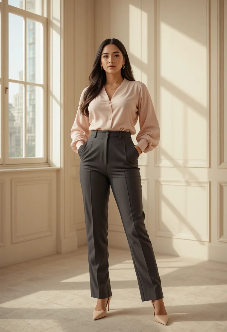 "Stylish woman wearing a balanced pear body shape outfit, showcasing flattering seasonal fashion ideas for pear-shaped women."