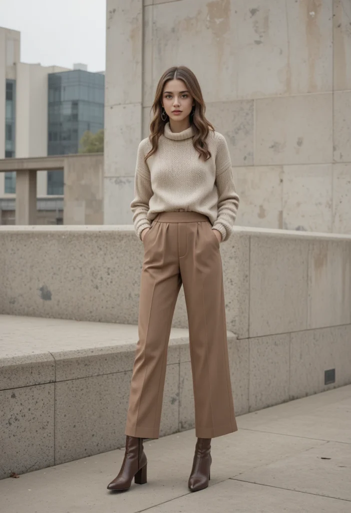 7. Sweater + Wide-Leg Trousers + Ankle Boots