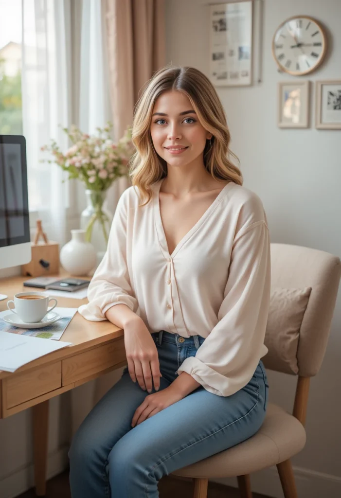 6. Feminine Blouse and Straight Jeans