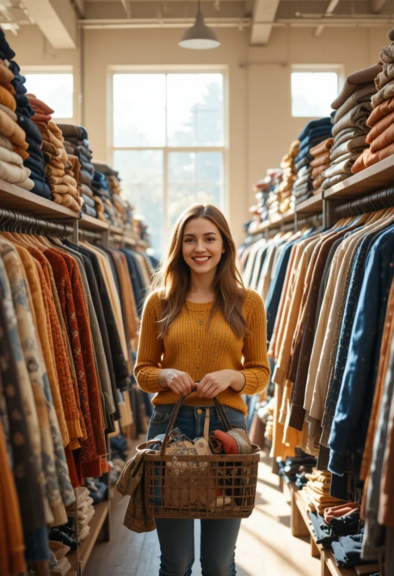 "Beginner-friendly thrift shopping tips showing how to browse, inspect fabric quality, and shop smart at secondhand stores"