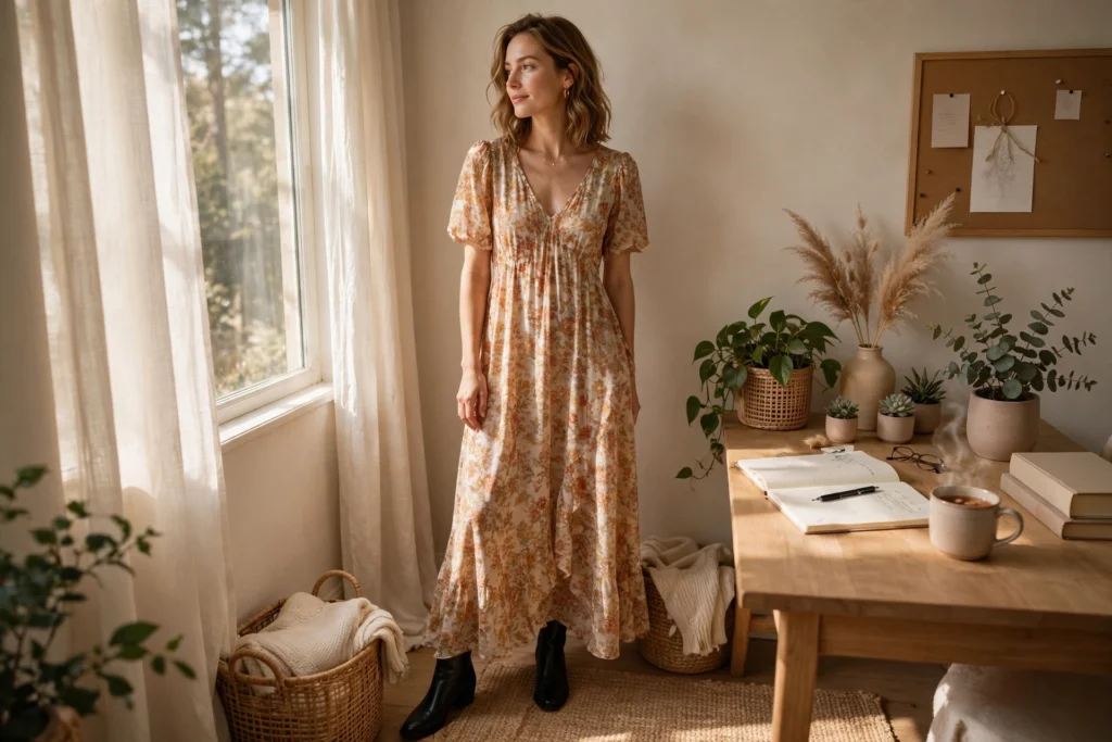 15. Floral Maxi Dress and Ankle Boots