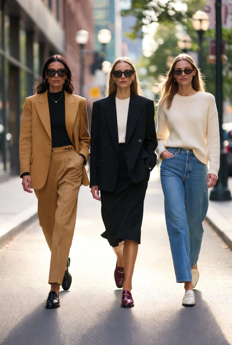"Stylish woman wearing chic loafer outfit ideas for women in 2026, showcasing trendy loafers styled for every body type."12