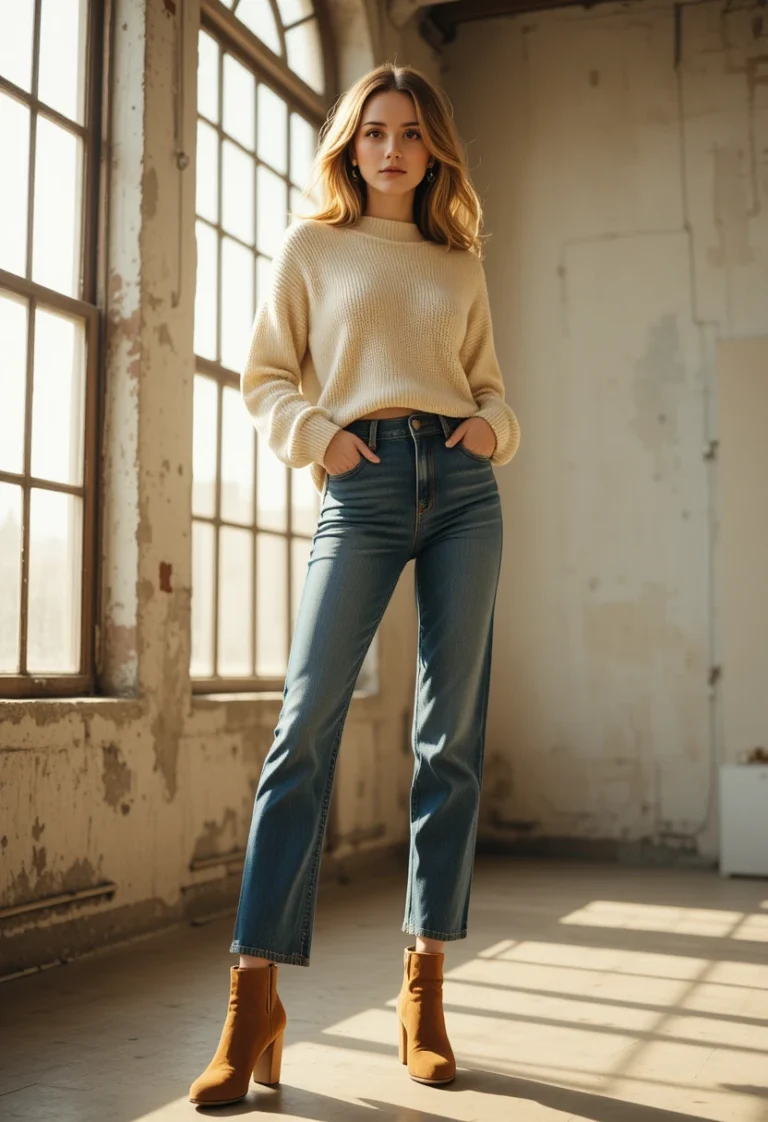 Woman styling brown ankle boots with jeans and a sweater, showcasing versatile ankle boots outfit ideas for women all year long.