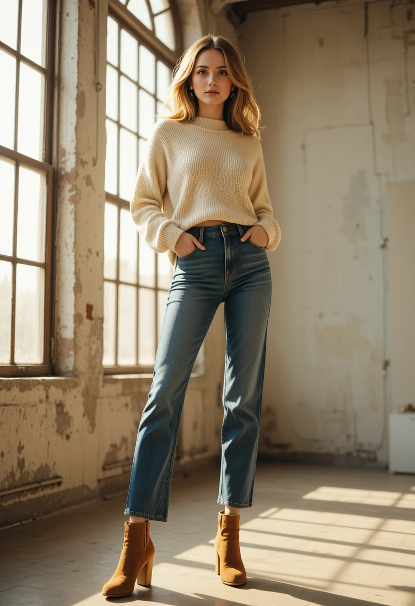 Woman styling brown ankle boots with jeans and a sweater, showcasing versatile ankle boots outfit ideas for women all year long.