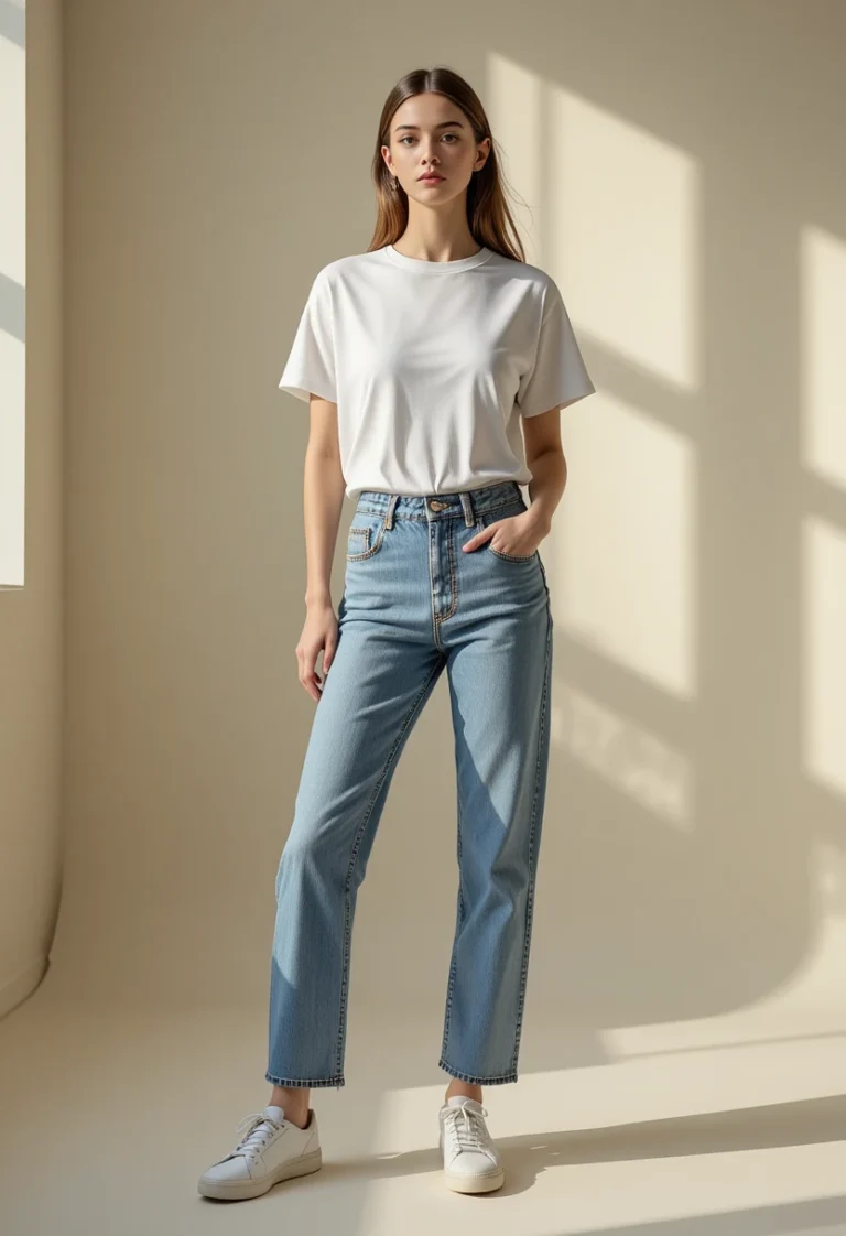 Woman styling a classic white t-shirt with jeans, skirts, jackets, and sneakers in timeless everyday outfit combinations.