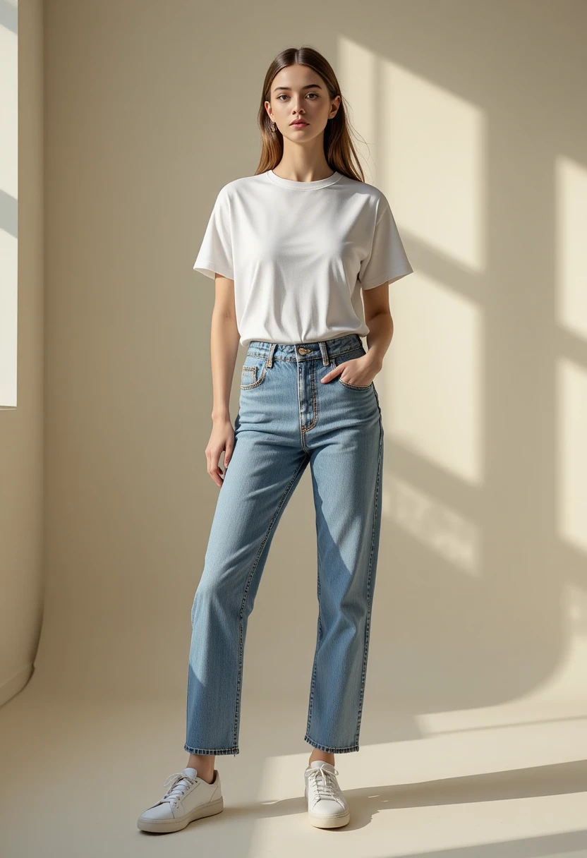 Woman styling a classic white t-shirt with jeans, skirts, jackets, and sneakers in timeless everyday outfit combinations.