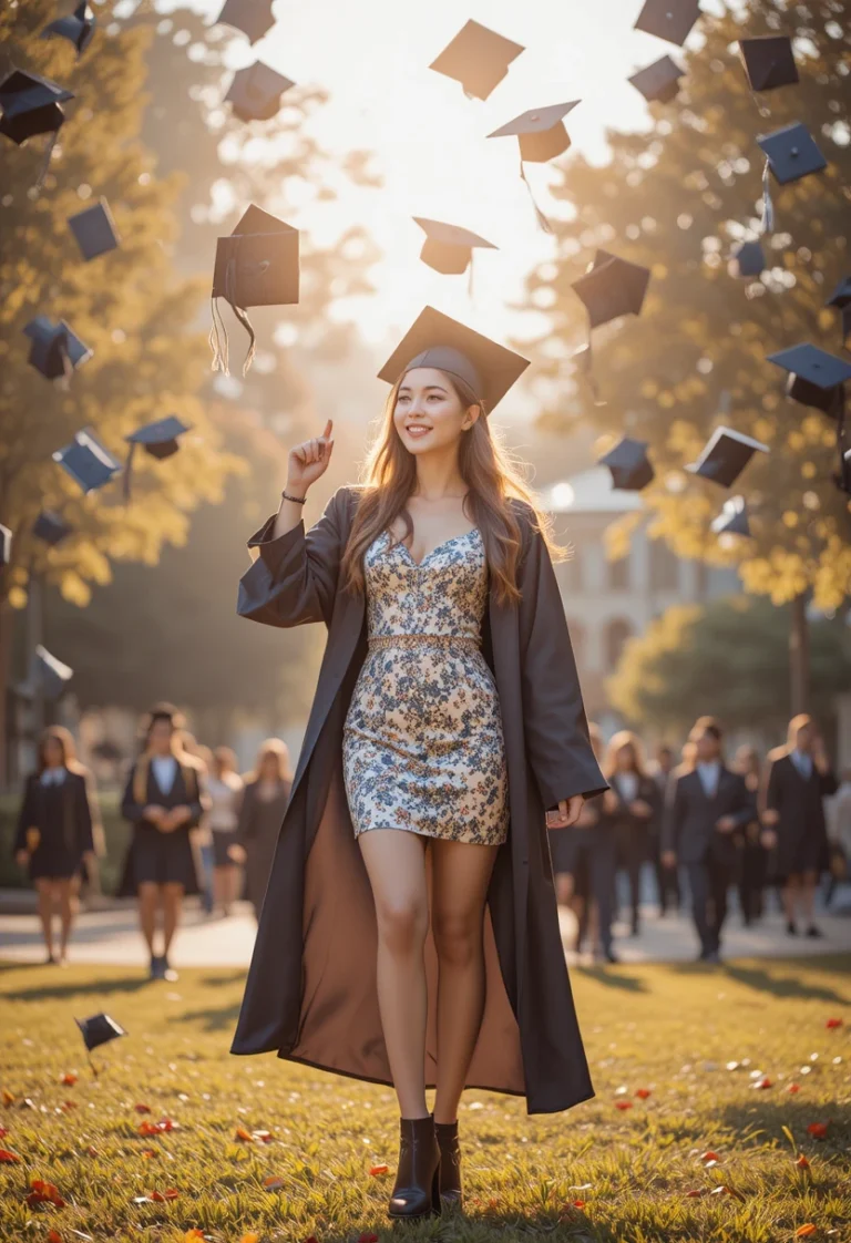 "Stylish woman wearing a trendy 2026 graduation outfit idea, showcasing elegant dress and accessory styling for women's graduation looks."