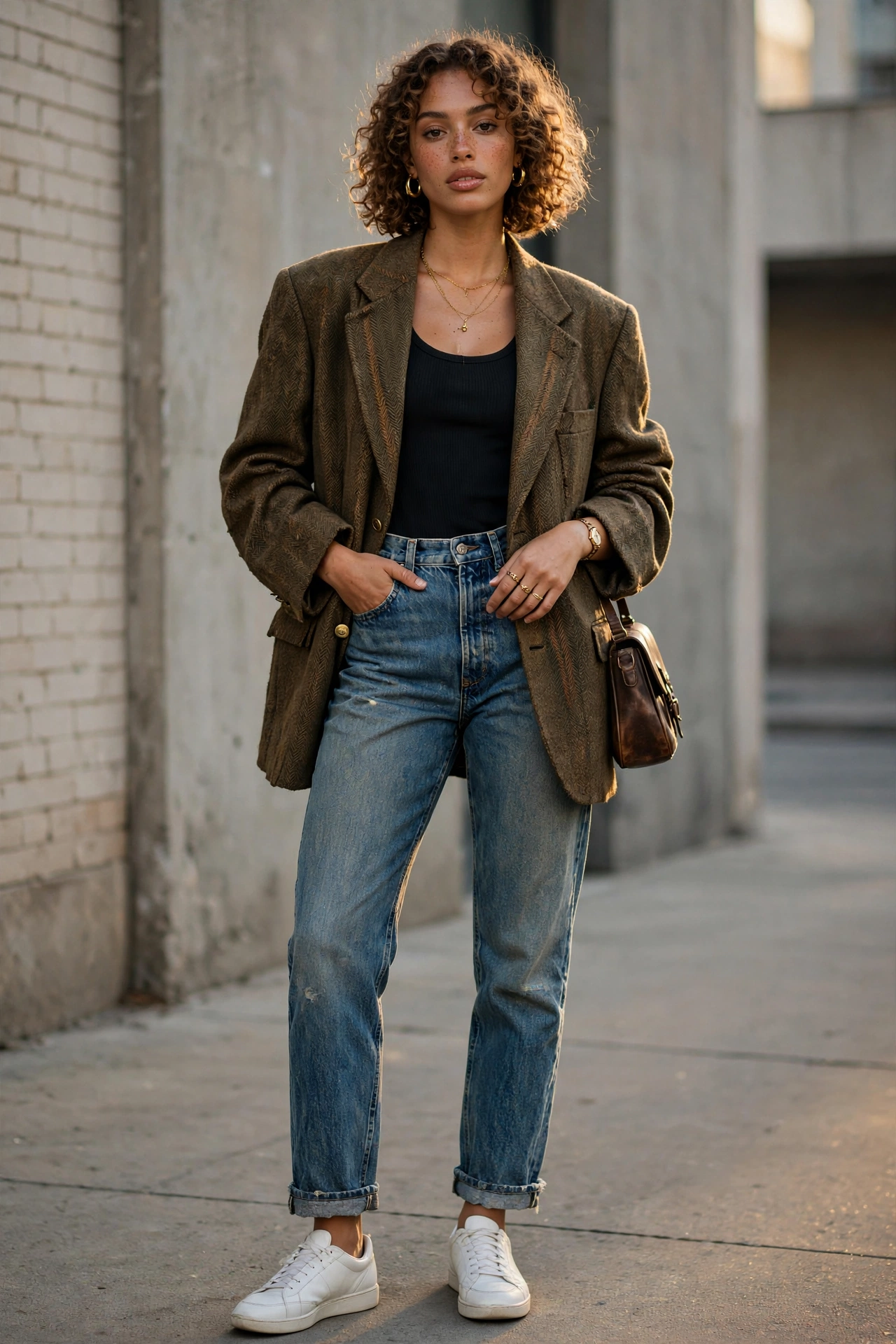 "Stylish thrifted outfit combining vintage denim, blazers, and tailored pieces that look expensive, not thrifted."