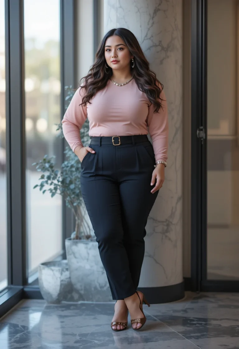 Curvy fashion outfit ideas featuring a confident plus-size woman in stylish, flattering clothing combinations for everyday wear.