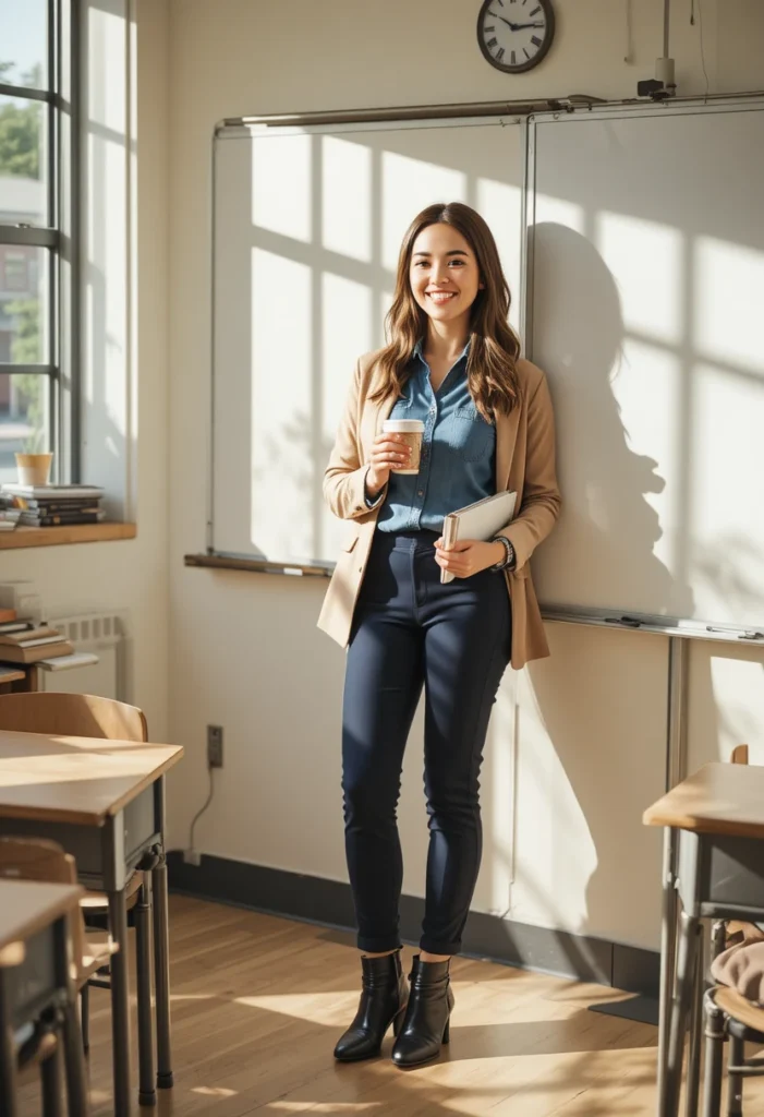 Denim Blouse, Black Booties, and a Comfy Blazer
Teacher Outfit Ideas