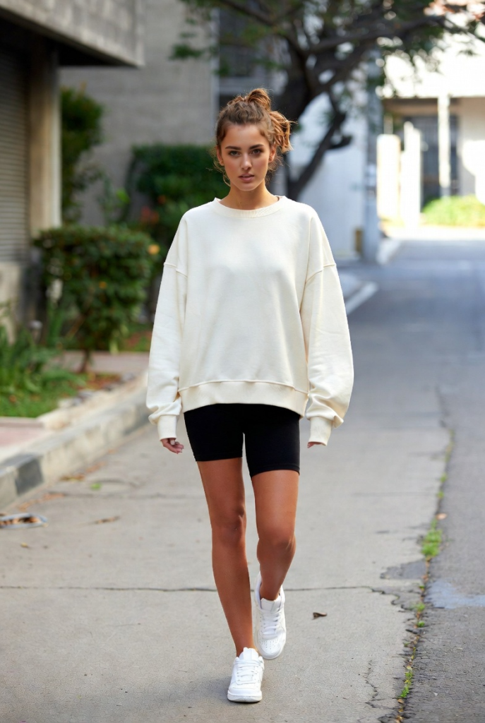1. Oversized Sweatshirt + Bike Shorts + Sneakers