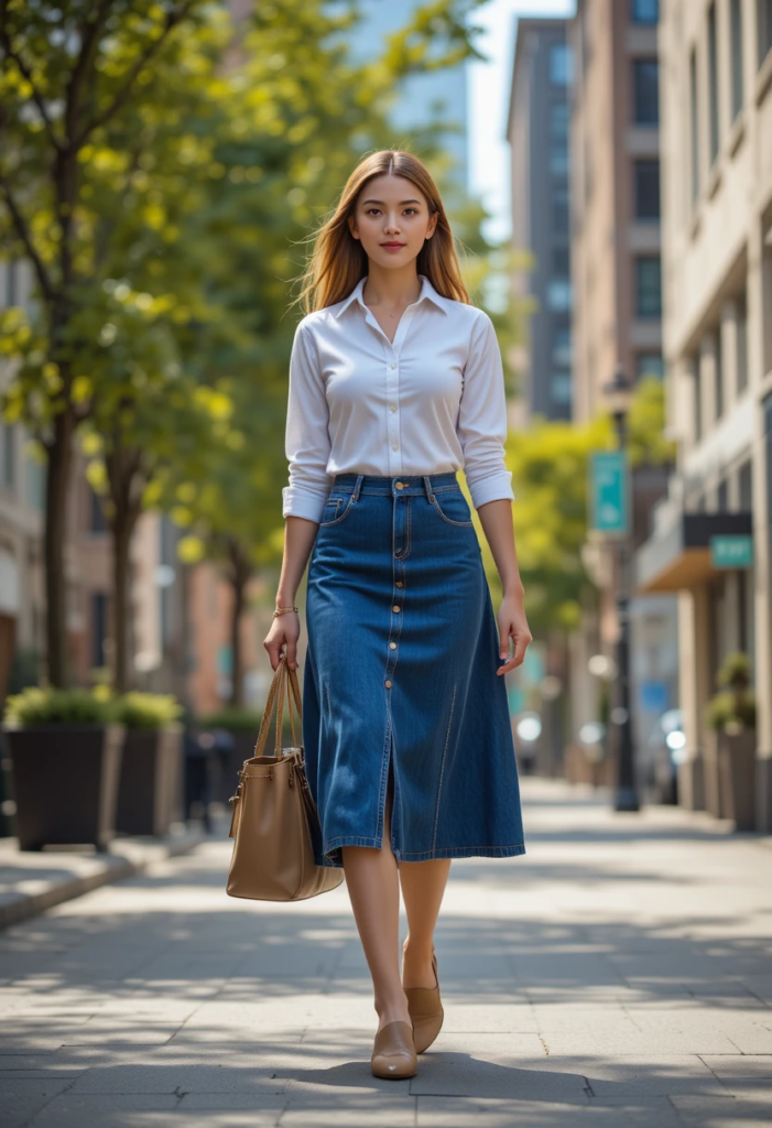 12. Denim Skirt and a Classic White Shirt