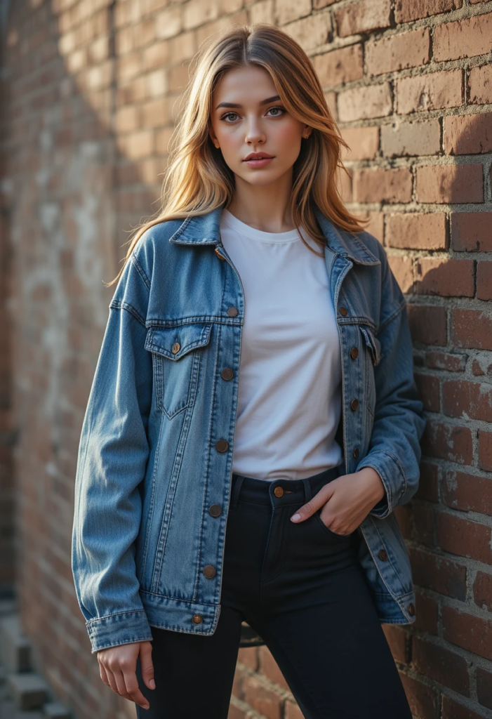 4. White Tee + Denim Jacket + Black Jeans