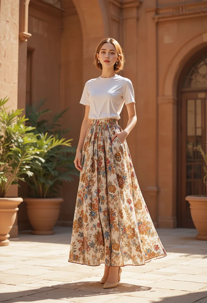 13. White Tee + Printed Maxi Skirt + Pumps