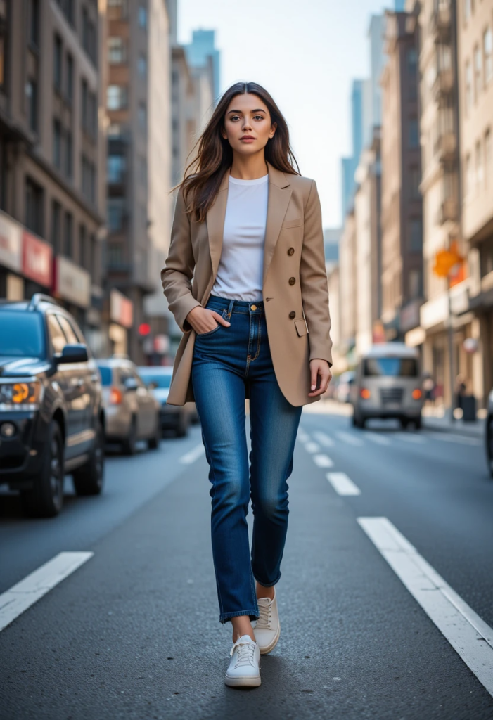 1. Straight-Leg Jeans, Oversized Blazer, and White Sneakers