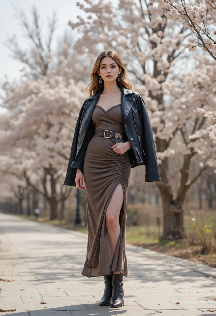14. Ruched Wool Maxi Dress with a Leather Jacket