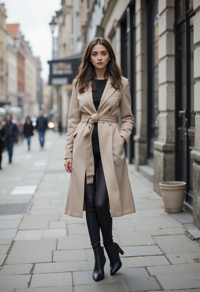 14. Belted Long Coat Over Leggings