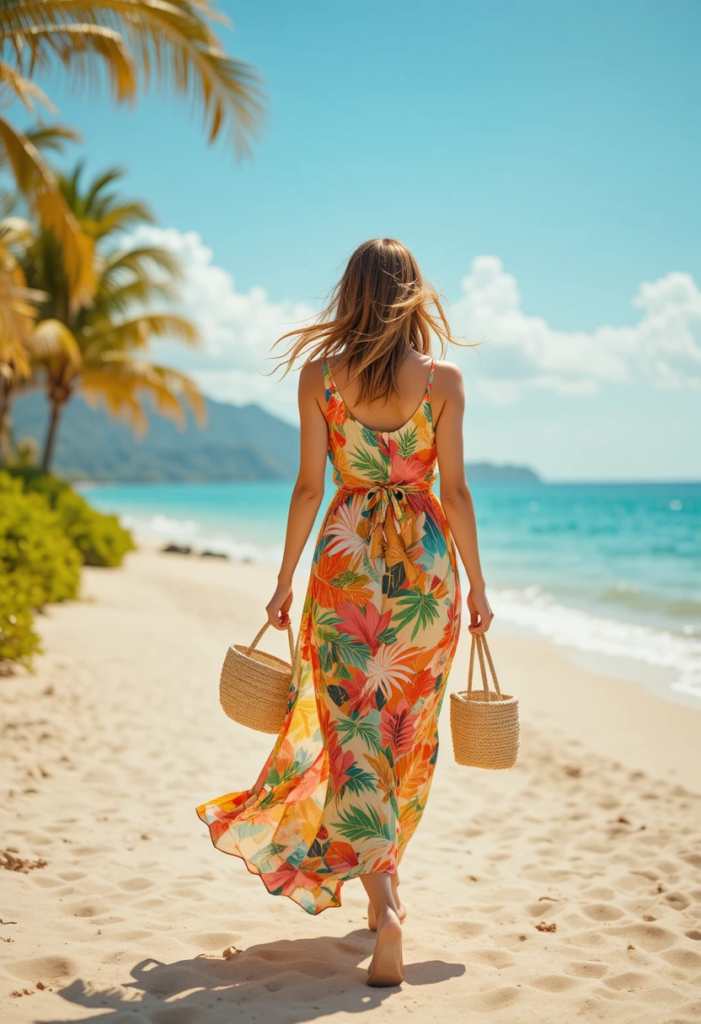 16. Tropical print maxi dress + straw bag