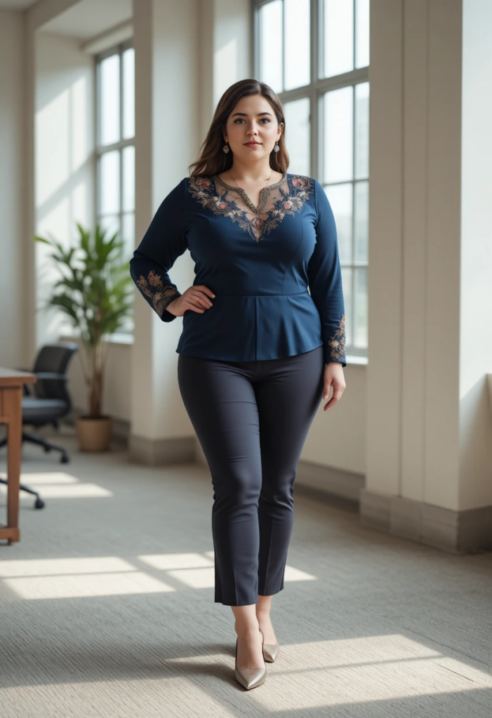 9. Flare-Leg Trousers + Open-Weave Sweater
Plus Size